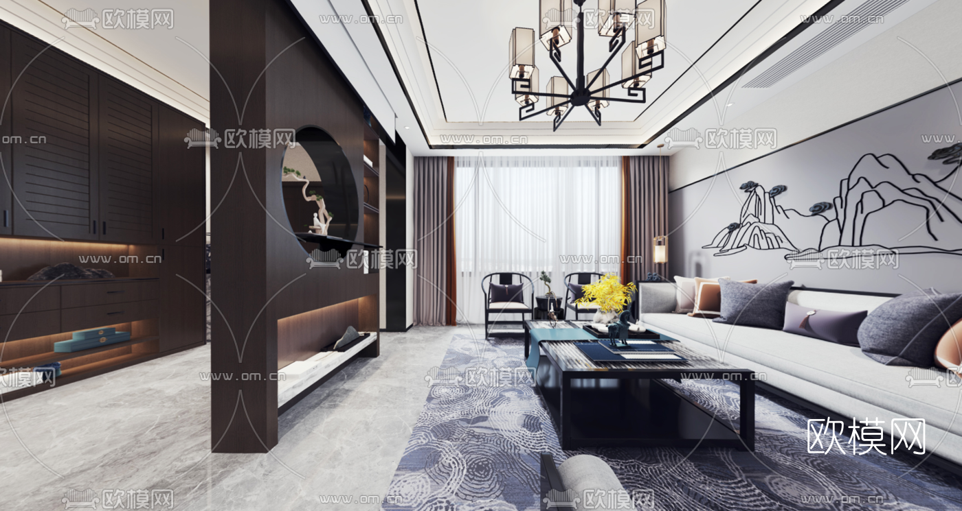 新中式客厅餐厅vr全景3d模型