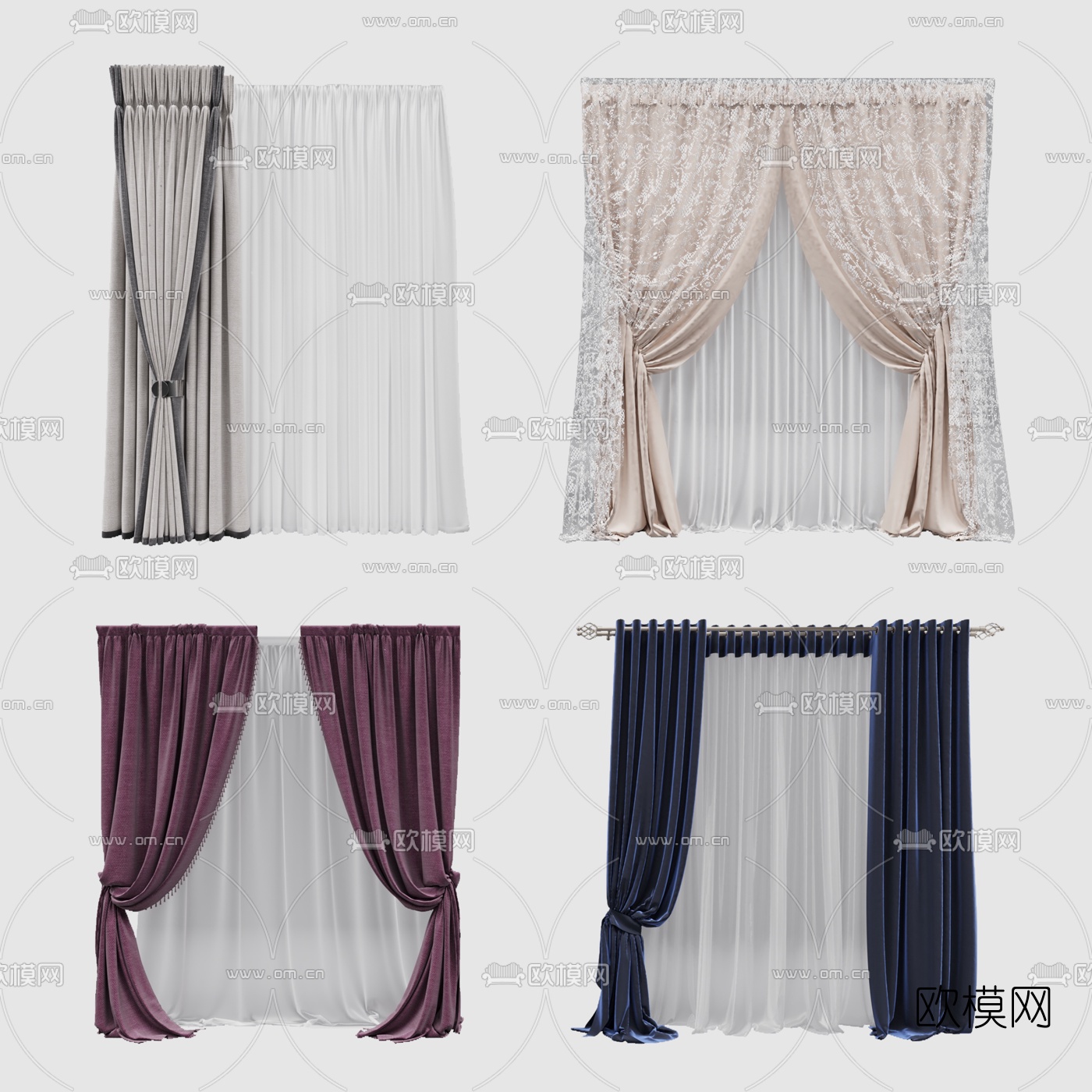 简欧布艺窗帘3d模型下载