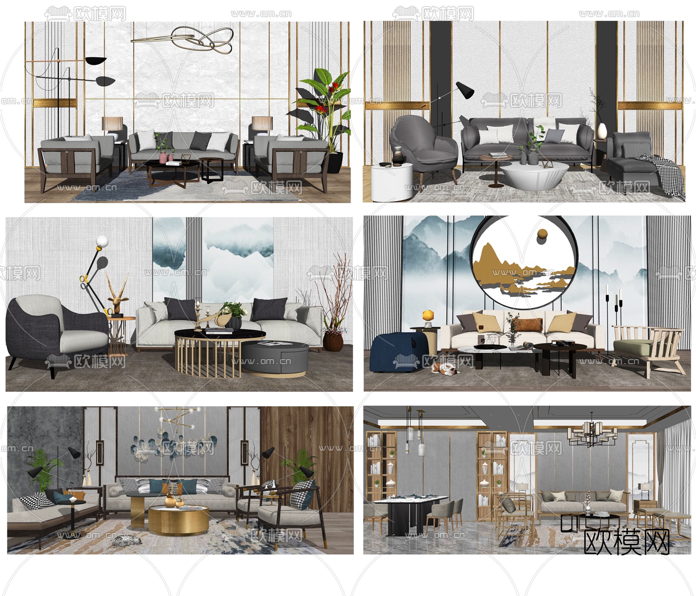 新中式布艺沙发组合su模型下载