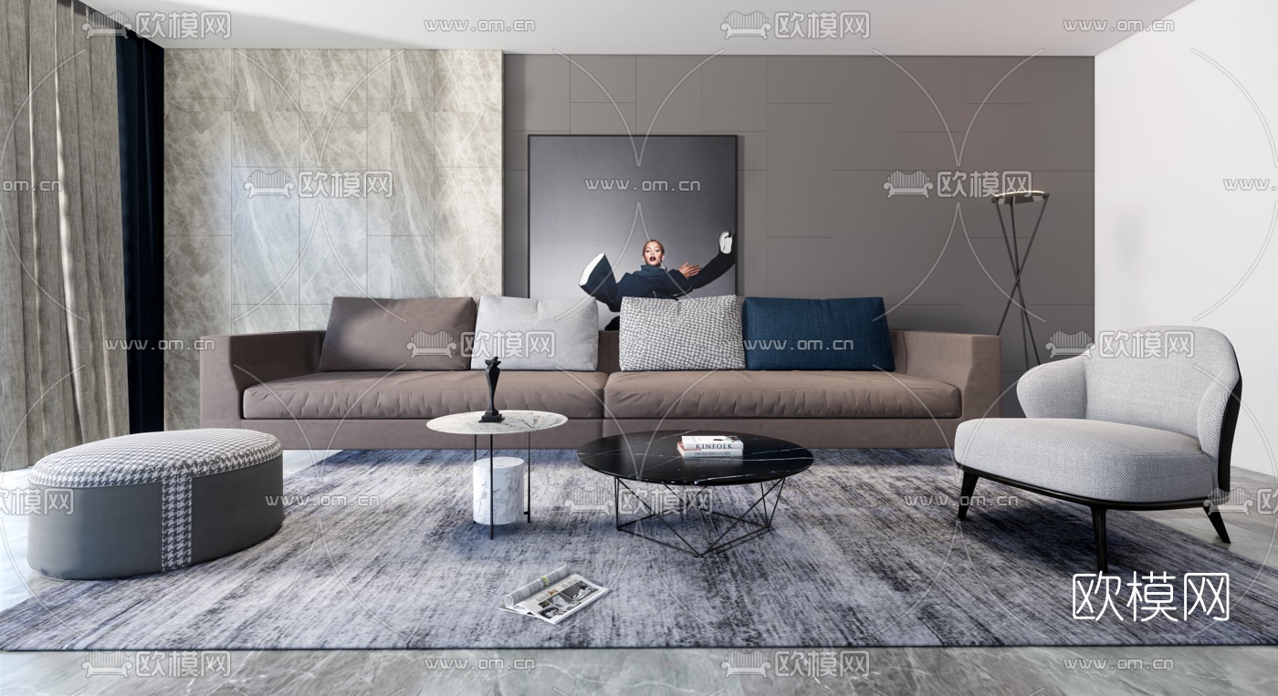 现代沙发茶几组合su模型下载（渲染图1）