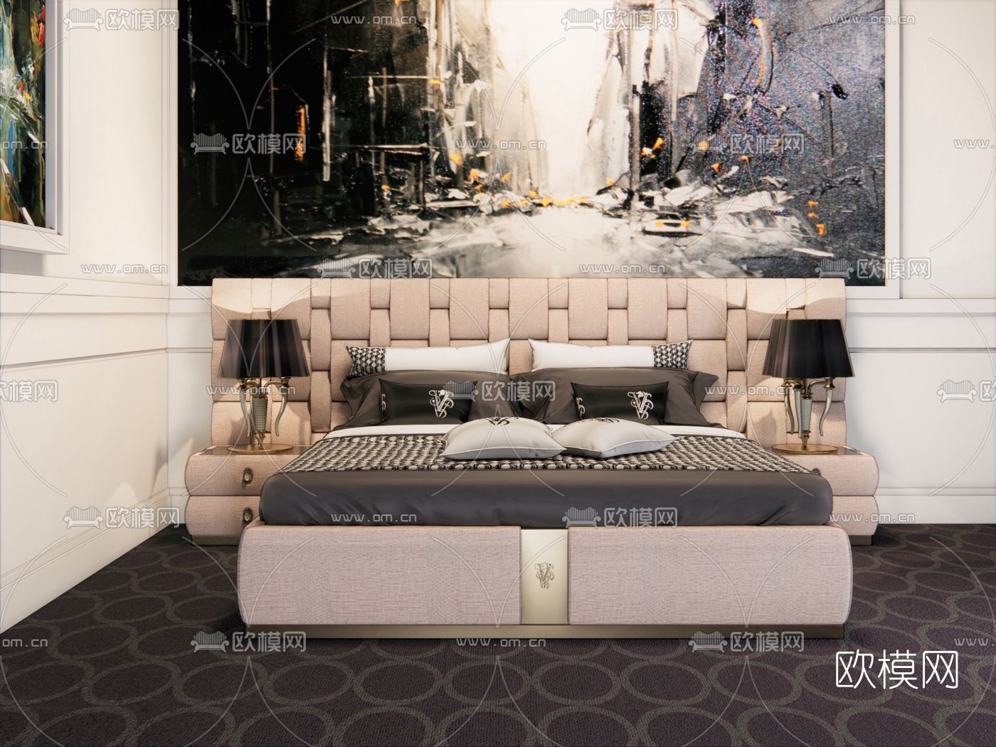 后现代布艺双人床su模型下载（渲染图1）