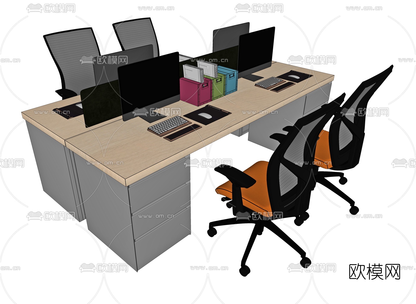 现代办公桌椅卡位su模型下载（渲染图2）