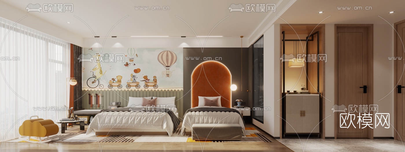 现代轻奢酒店亲子套房3d模型