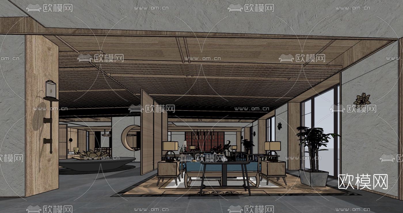 新中式度假酒店大厅su模型下载（渲染图5）