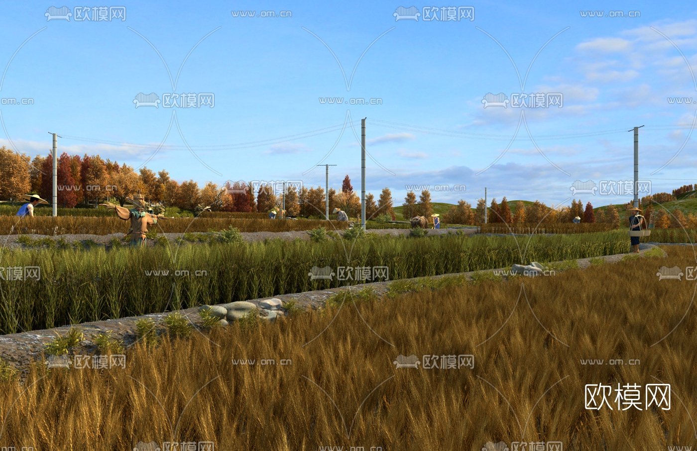 自然风麦田耕种景观3d模型下载