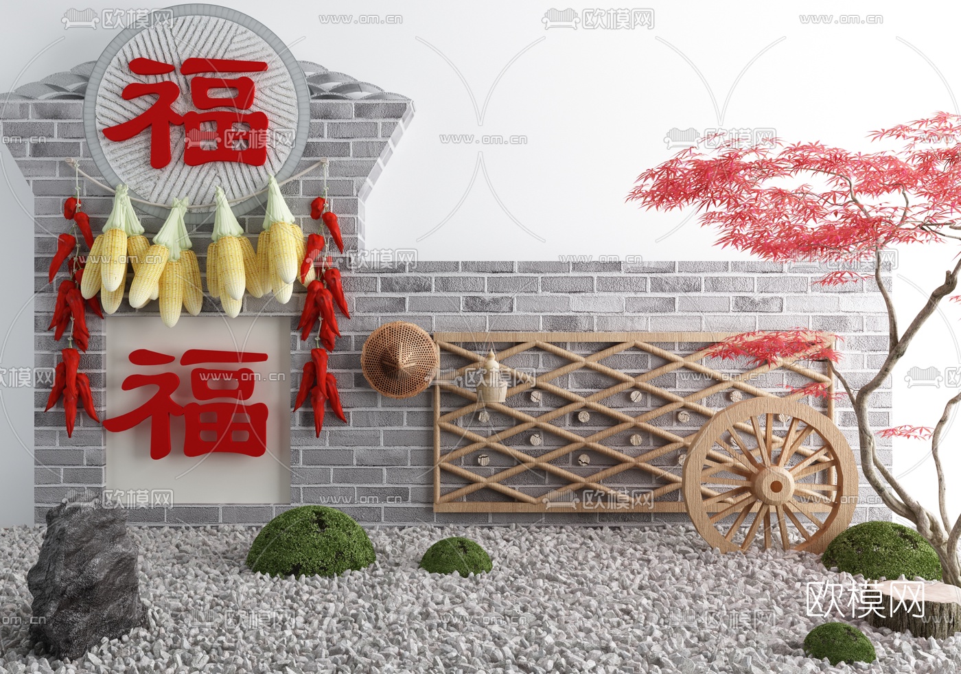 新中式农家乐景观墙园艺小品3d模型