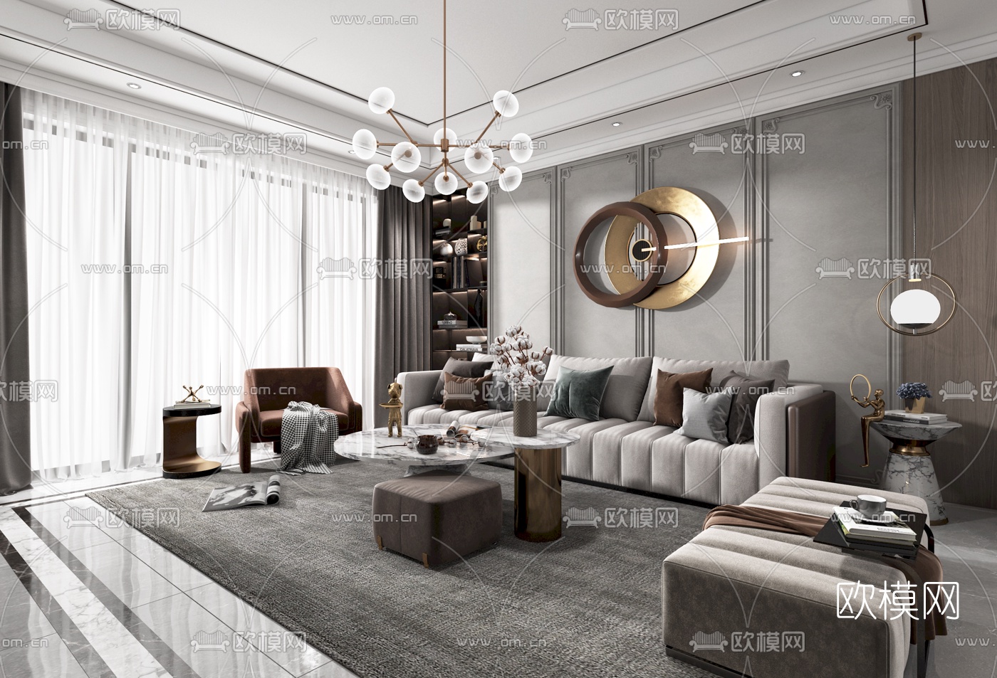 现代轻奢客厅餐厅3d模型下载（渲染图3）