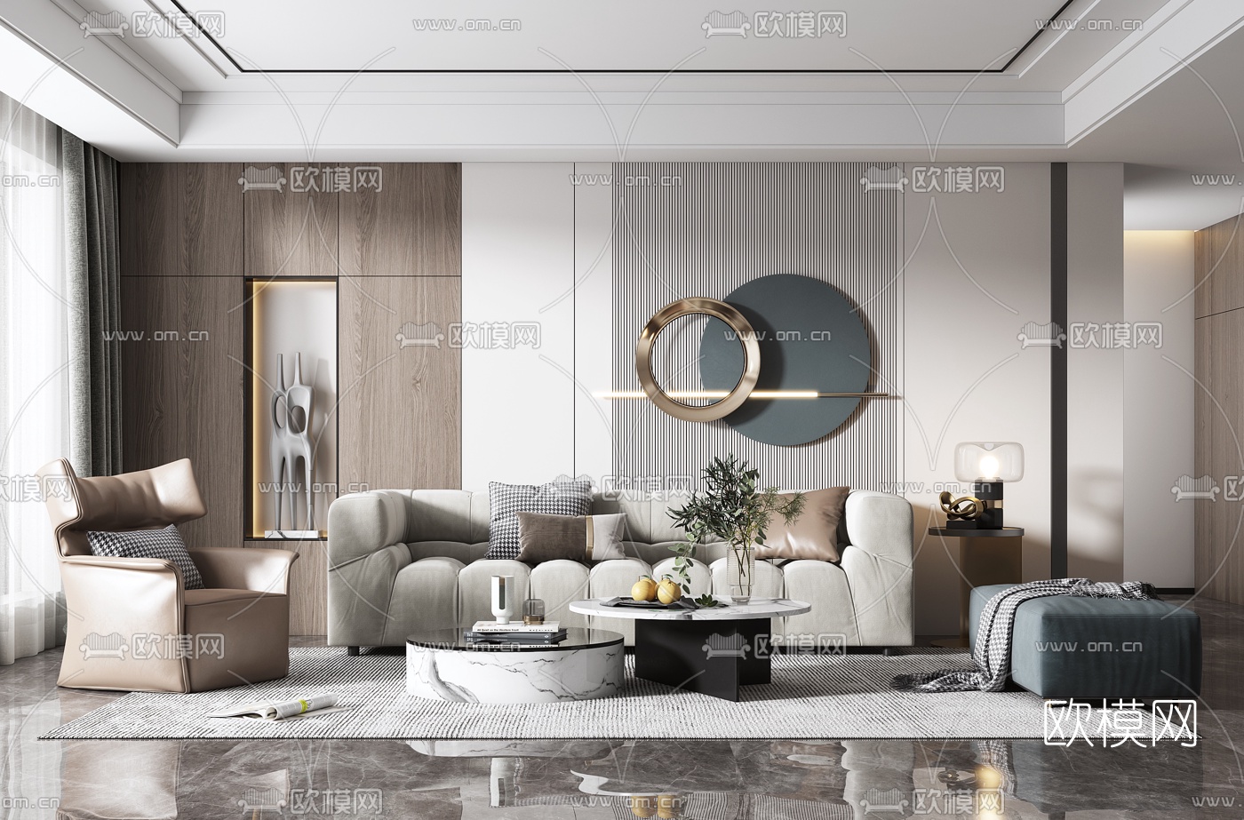 现代简约布艺沙发组合3d模型下载（渲染图1）