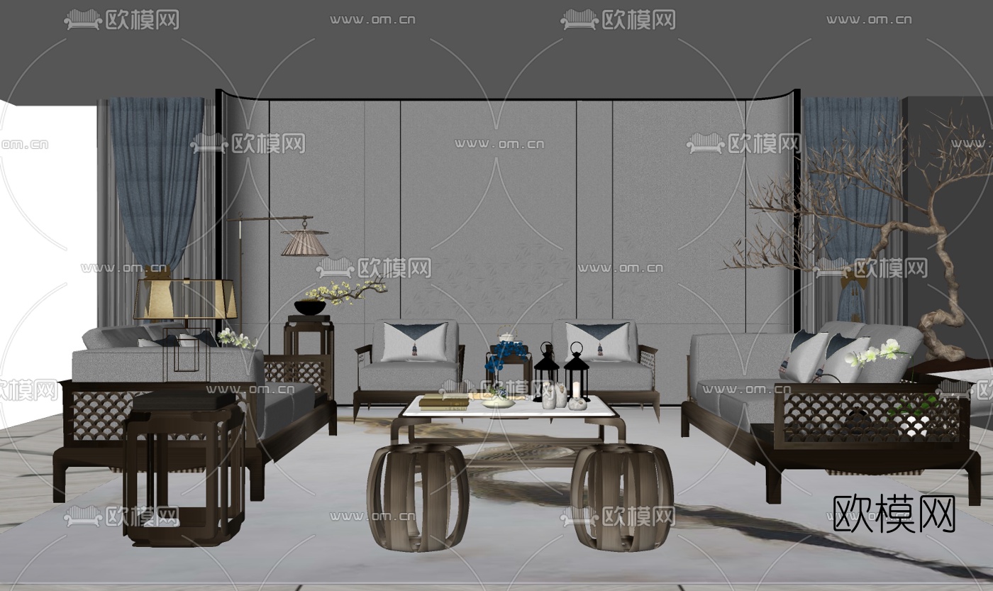 新中式实木组合沙发su模型下载