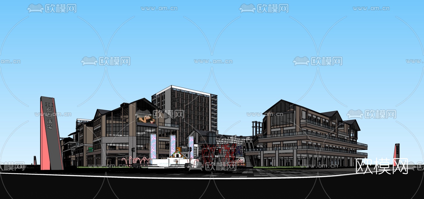 新中式商业综合体建筑外观su模型下载（渲染图1）