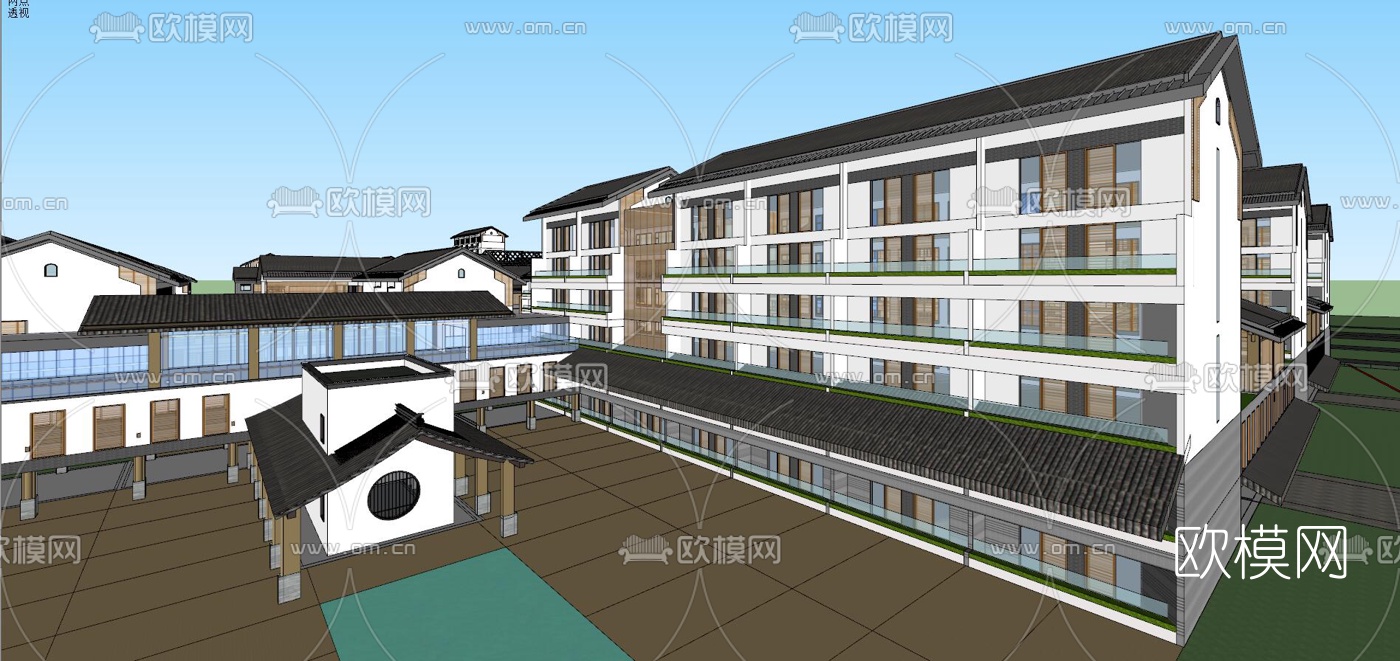新中式养老中心外观su模型下载（渲染图6）