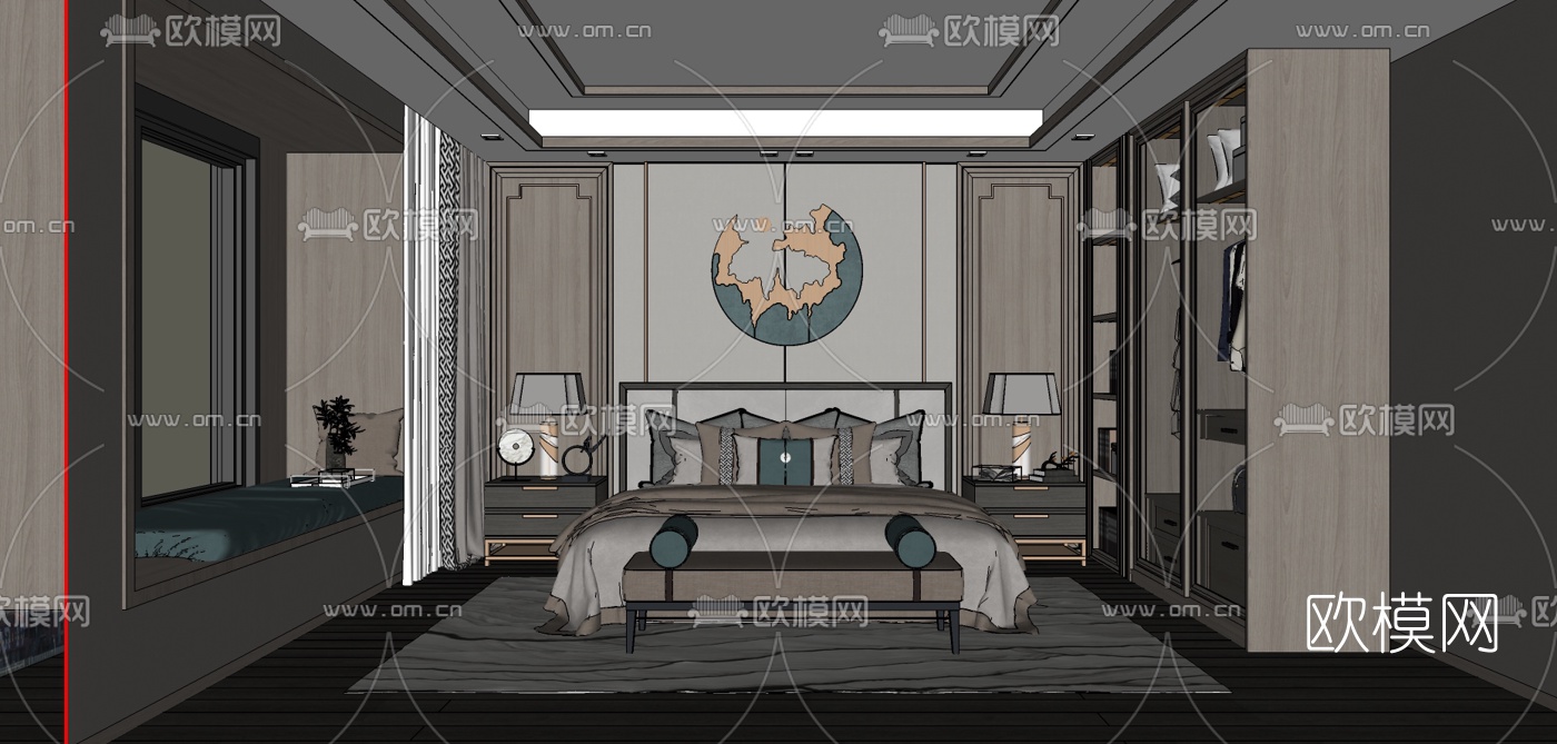 新中式布艺双人床su模型下载