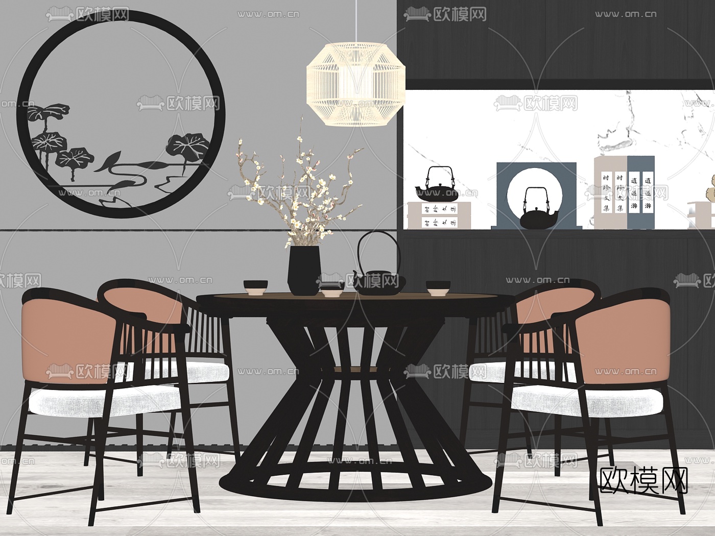 新中式圆形餐桌椅su模型下载（渲染图2）