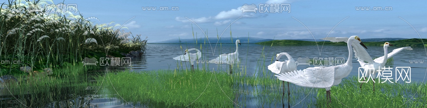 现代丹顶鹤湿地公园3d模型下载（渲染图2）