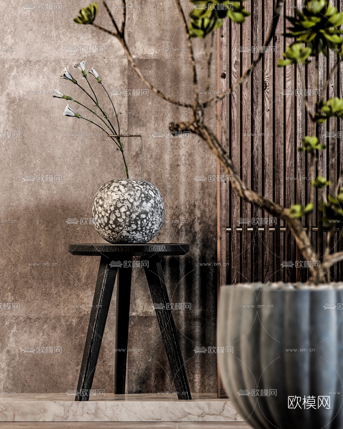 中式圆形盆栽屏风3d模型下载（渲染图2）