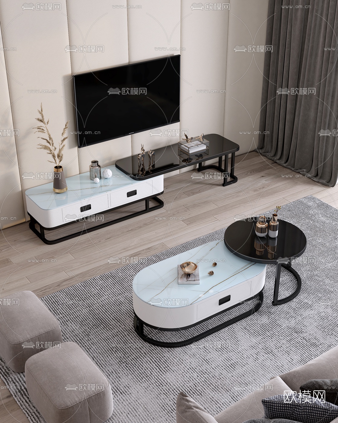 现代轻奢电视柜茶几免费3d模型下载