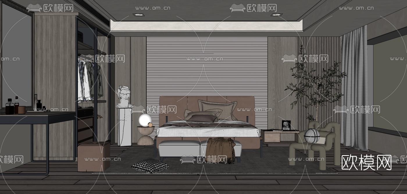 现代布艺双人床su模型下载