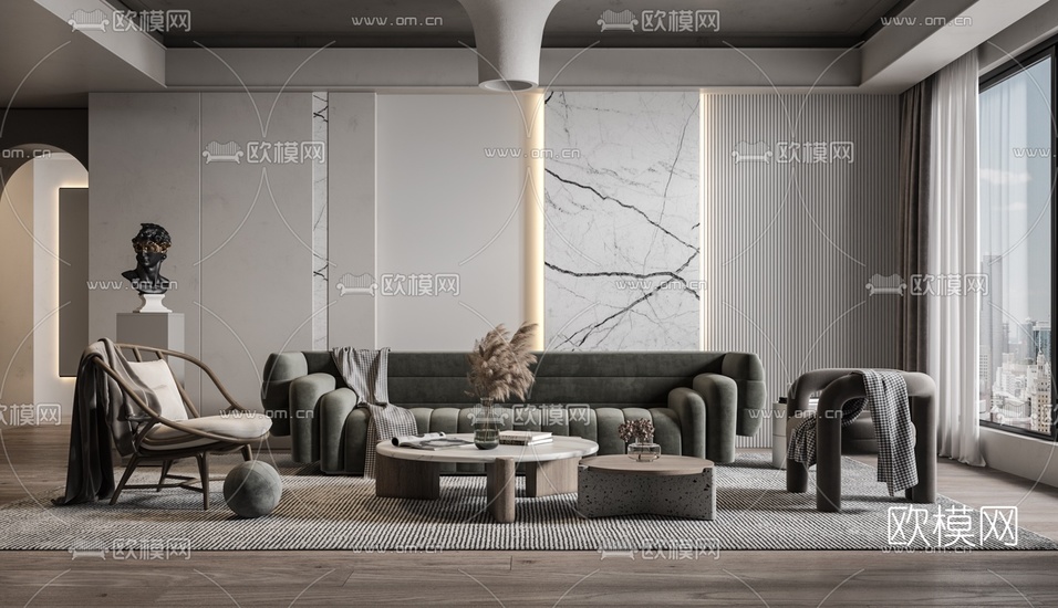 现代布艺沙发组合3d模型下载(渲染图1)
