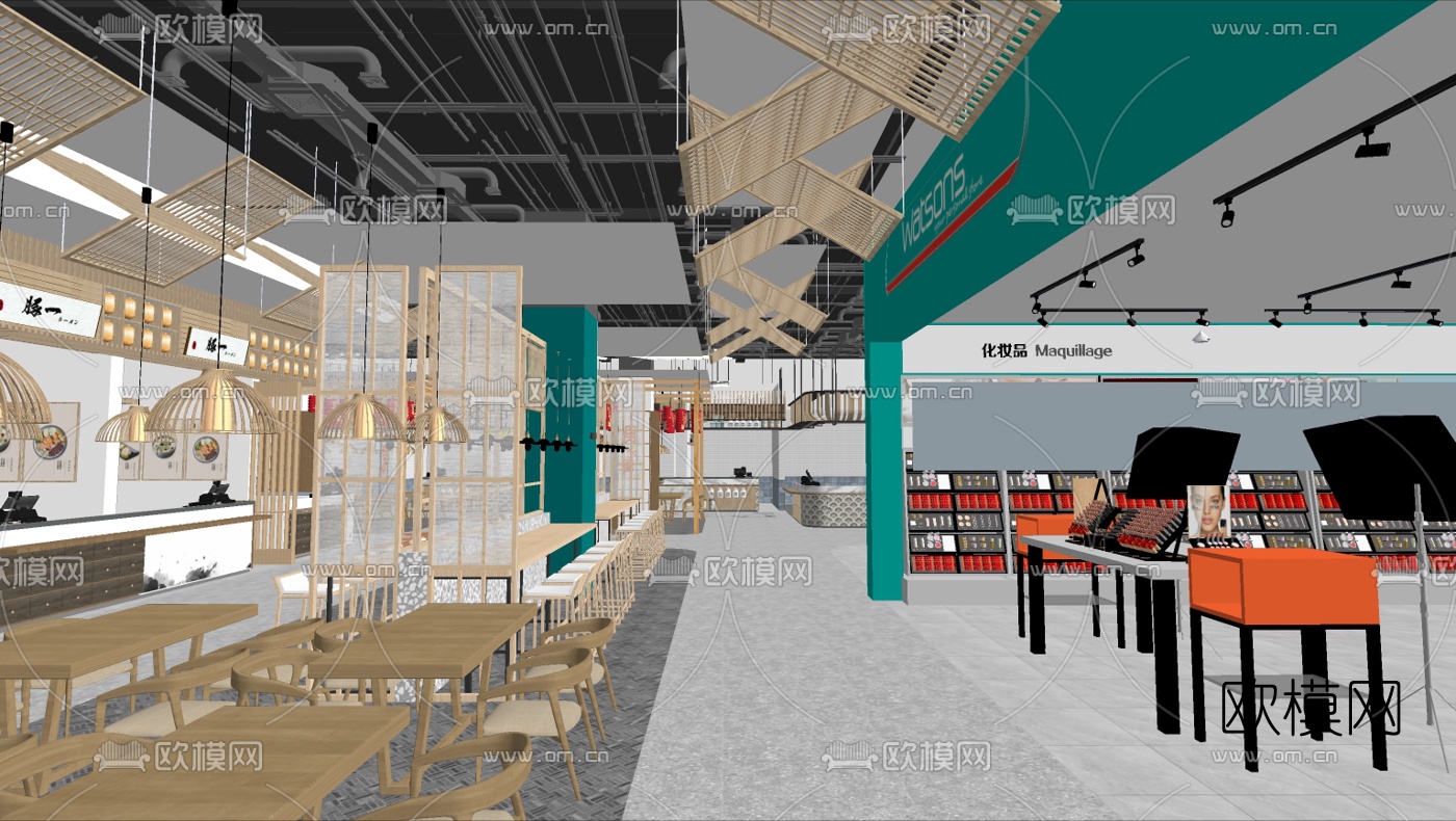 现代美食街快餐店su模型下载（渲染图1）