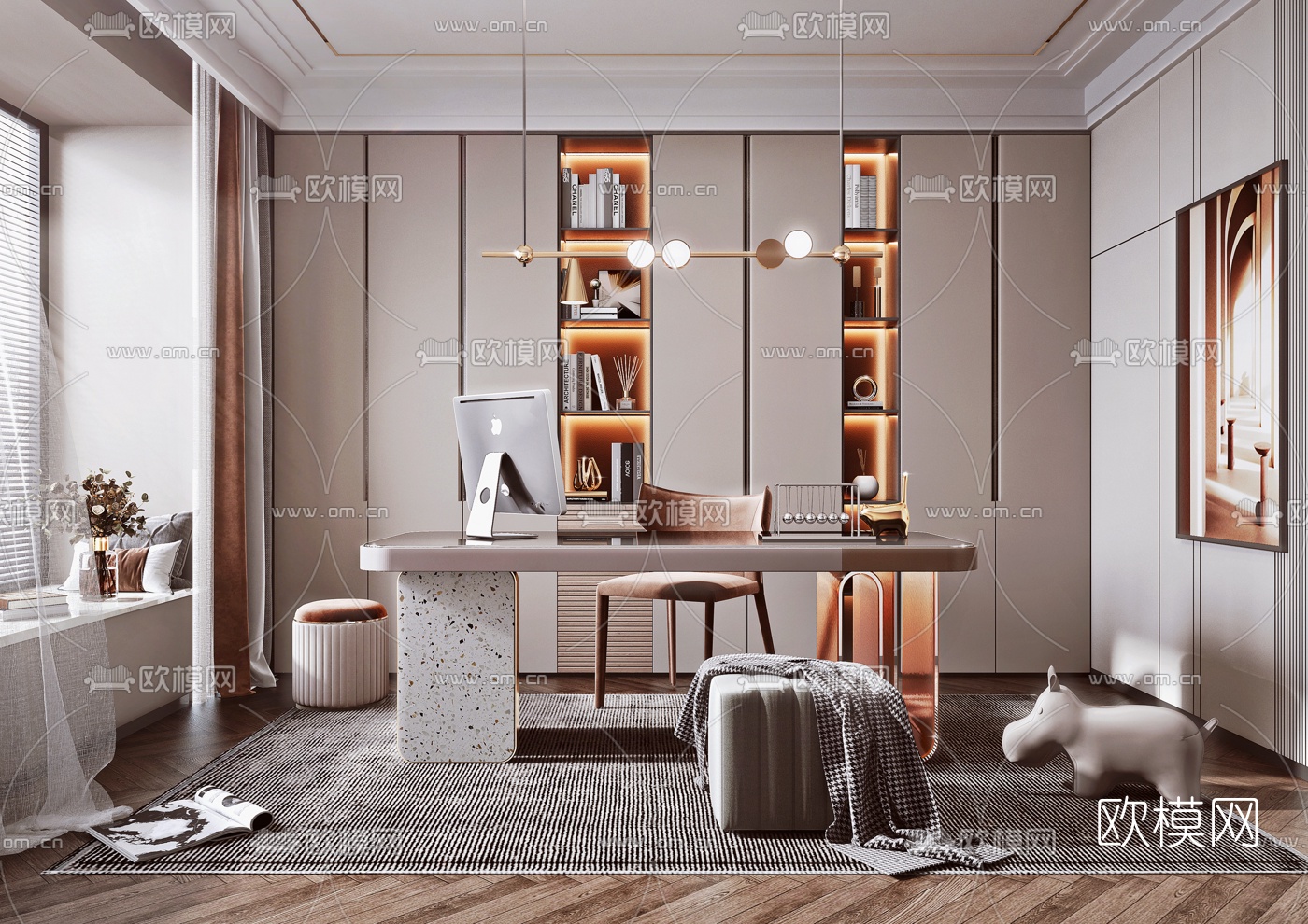 现代轻奢书房3d模型下载（渲染图1）