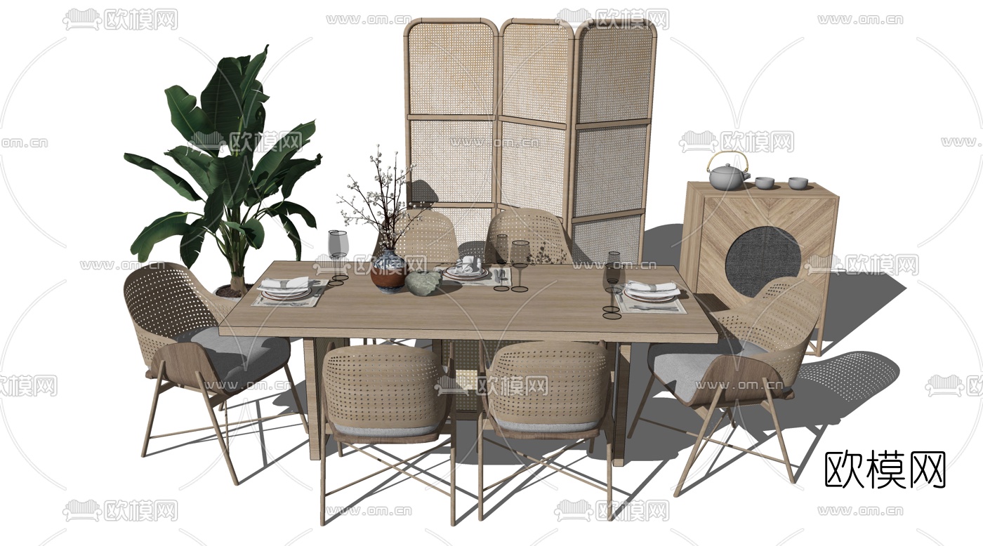 新中式藤编餐桌椅su模型下载