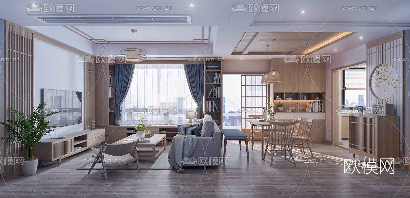 日式客厅餐厅厨房免费3d模型下载（渲染图1）