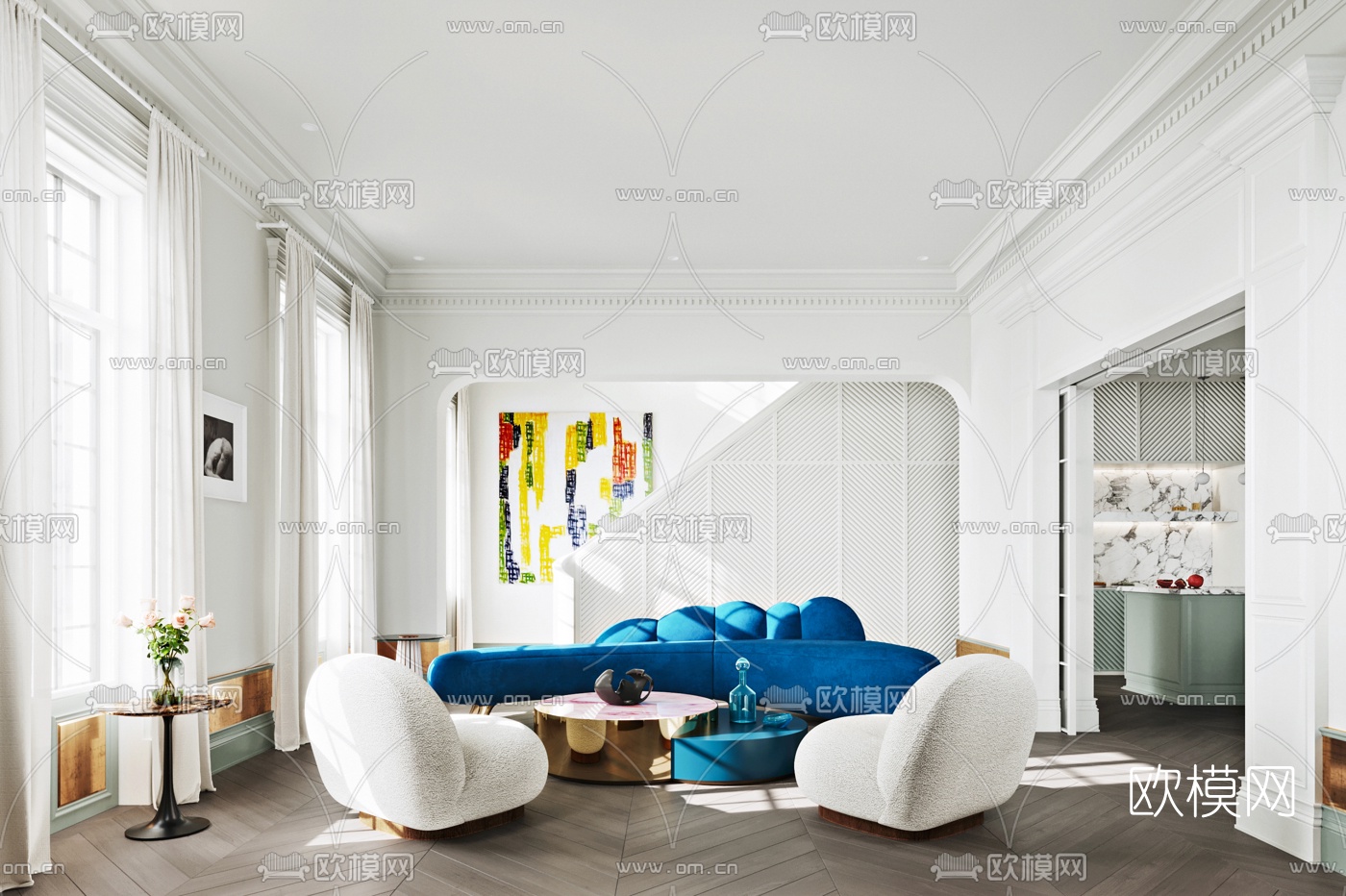 简欧混搭客厅餐厅3d模型下载（渲染图1）