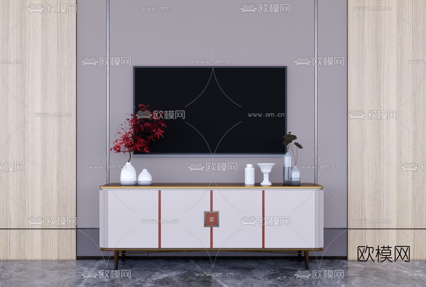 新中式轻奢电视柜su模型下载（渲染图1）