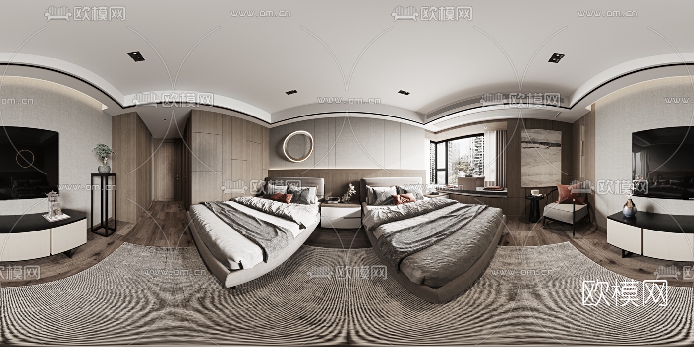 新中式酒店双床客房cr全景3d模型