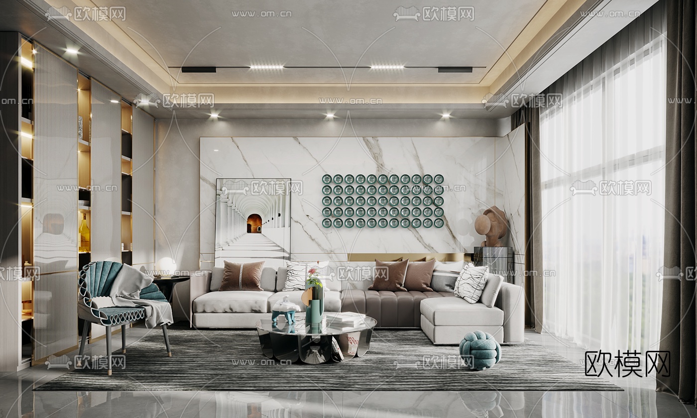 简欧布艺沙发组合3d模型下载（渲染图1）