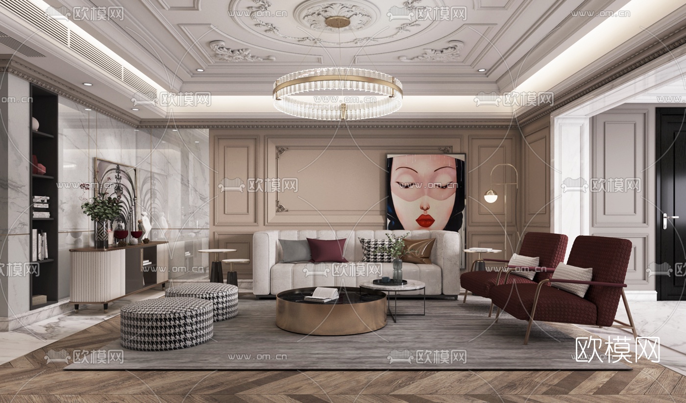 简欧轻奢布艺沙发组合3d模型下载