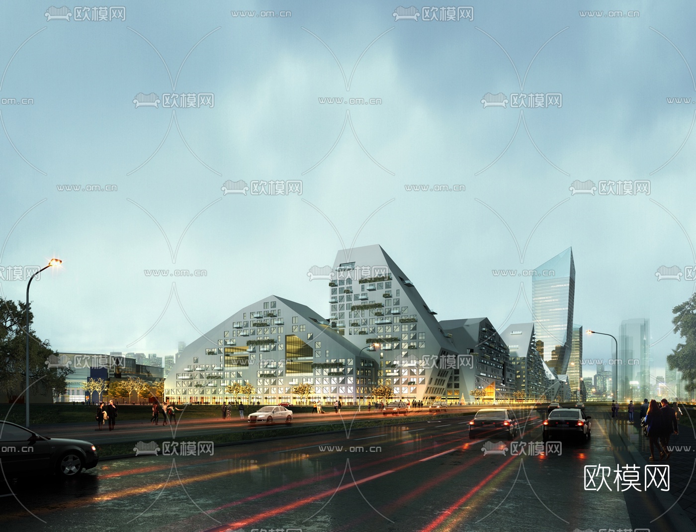 现代商业楼外观夜景3d模型