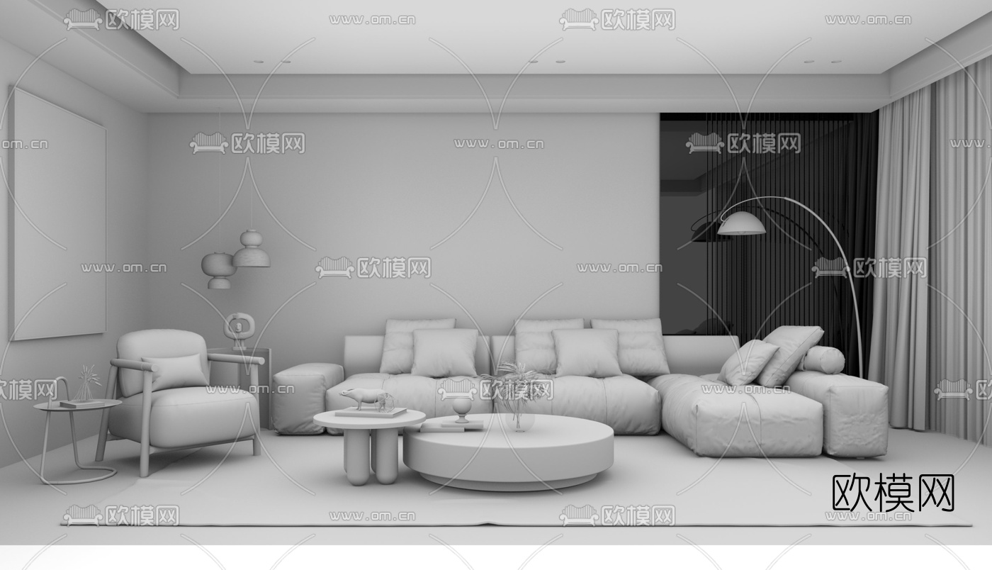 现代布艺组合沙发su模型下载（渲染图3）