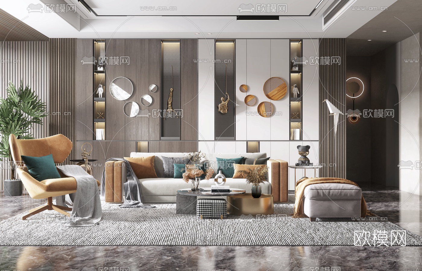 现代轻奢布艺沙发组合3d模型下载