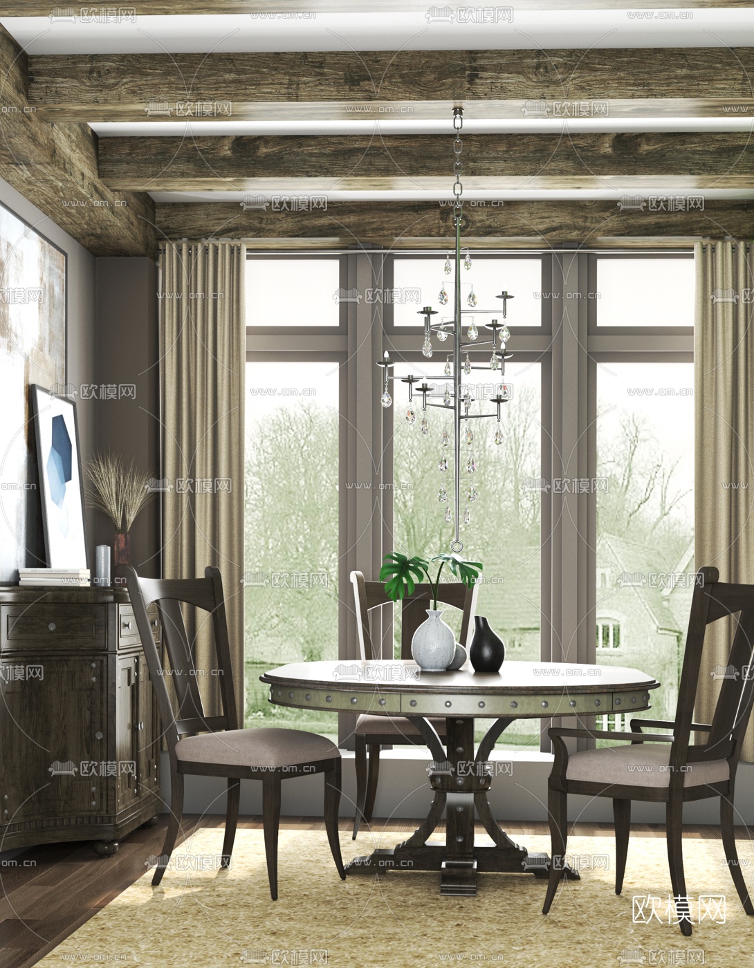 美国Hooker品牌 美式圆形餐桌椅3d模型下载