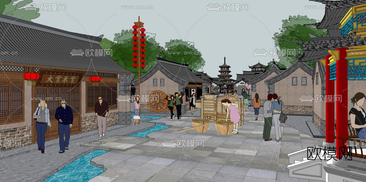 新中式民俗商业街su模型下载（渲染图2）