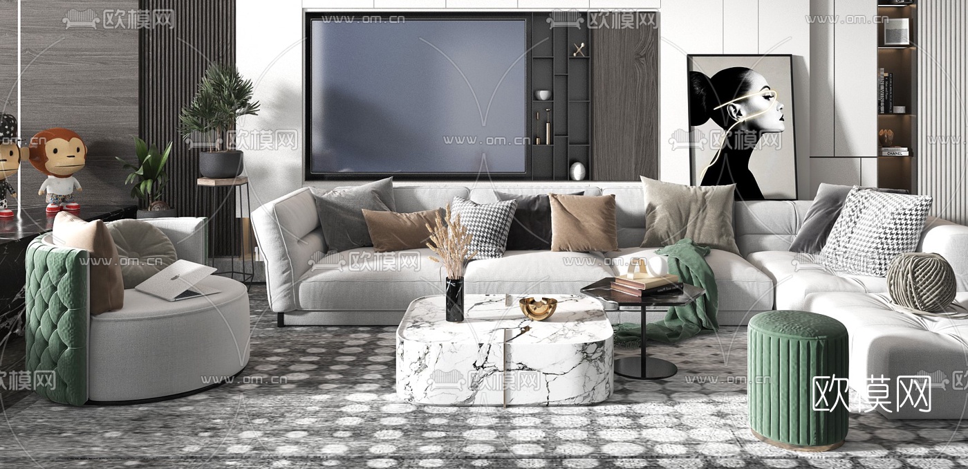 现代布艺转角沙发组合3d模型