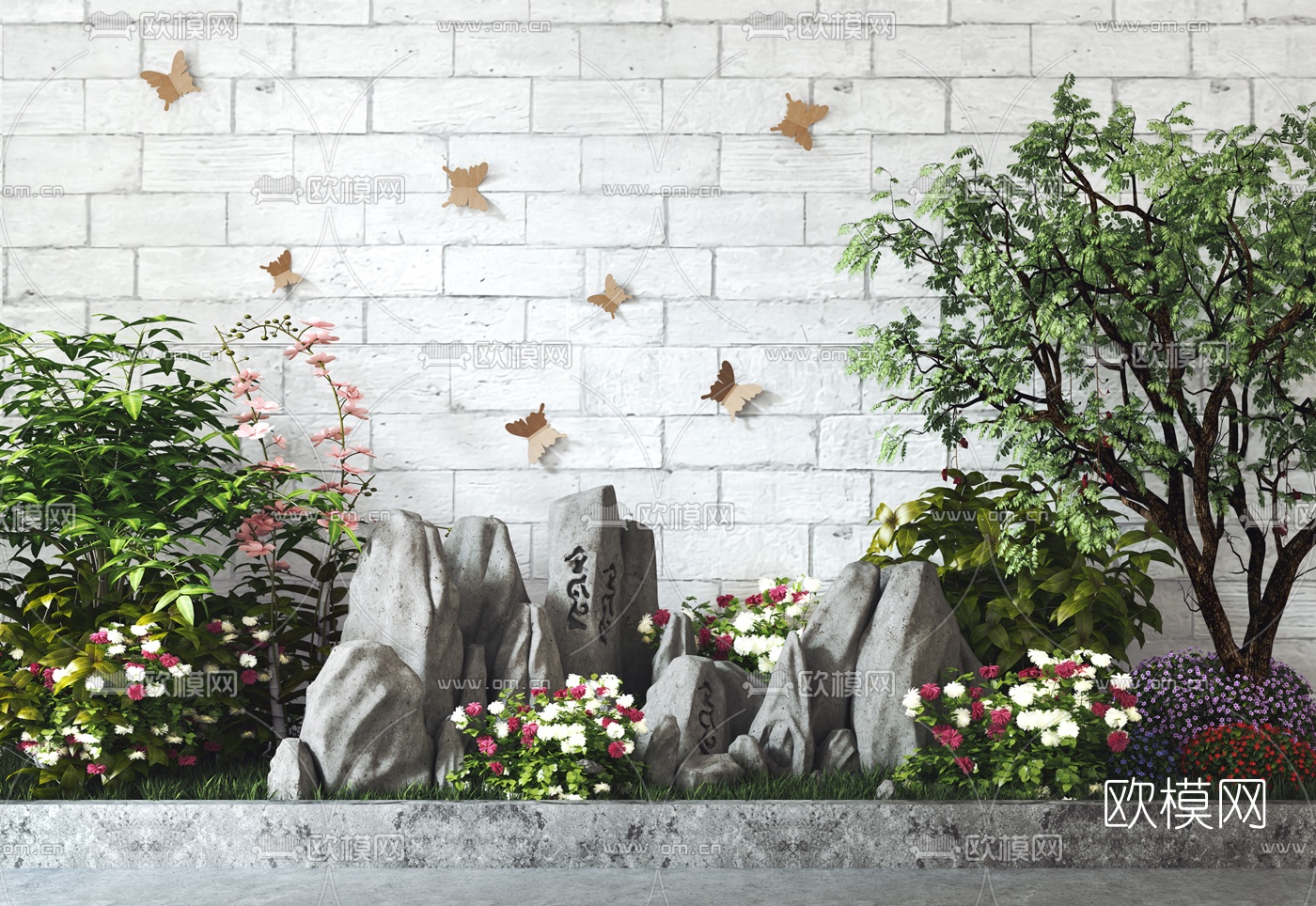 新中式灌木假山小品3d模型下载