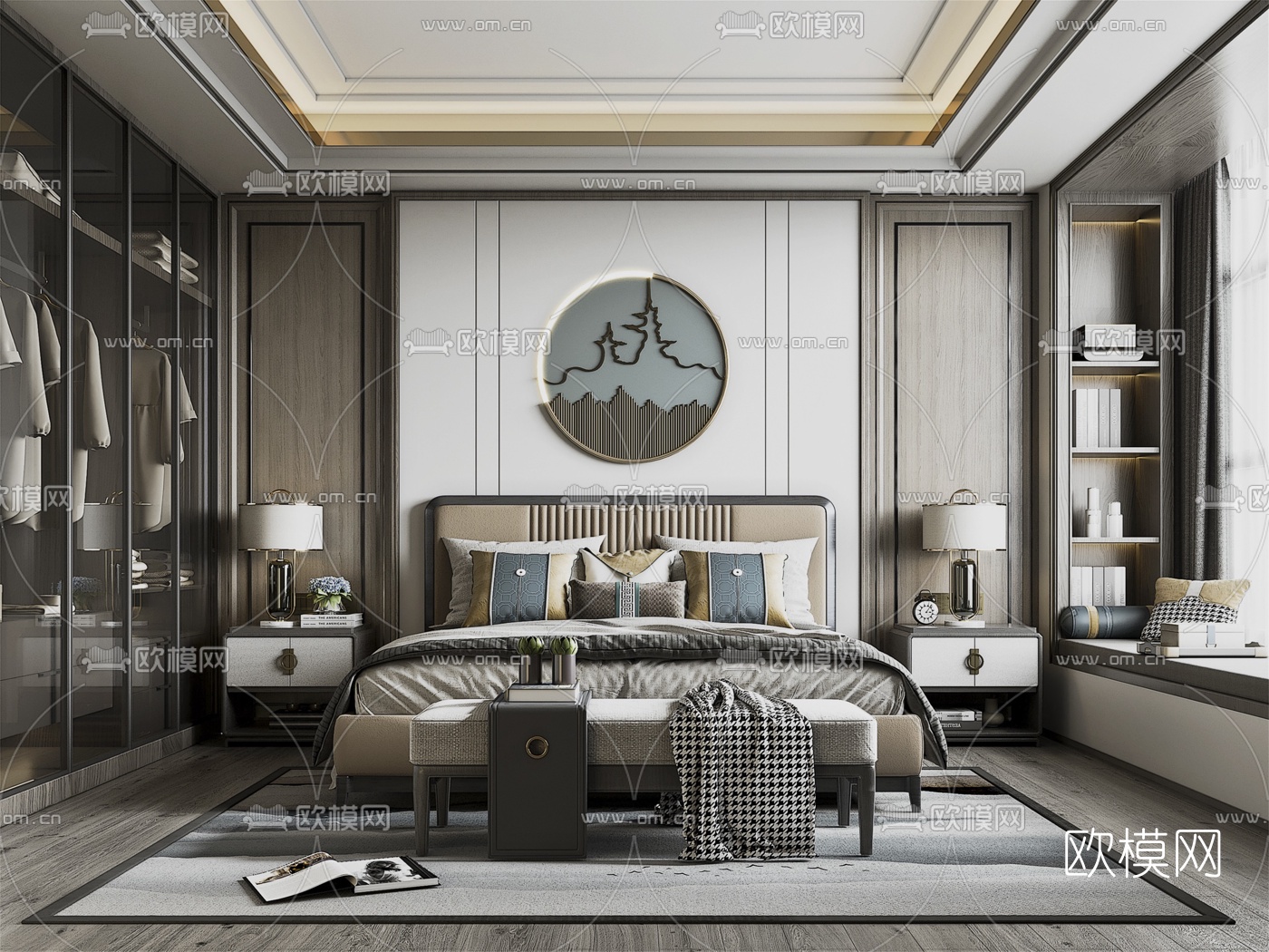 新中式卧室主人房su模型下载（渲染图1）