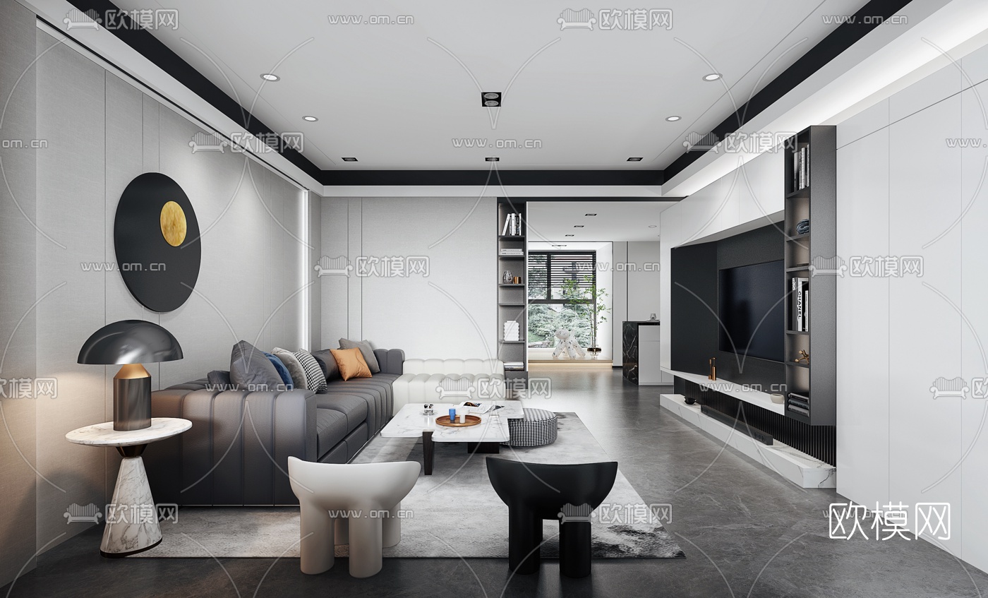现代高级灰客厅餐厅3d模型下载（渲染图1）