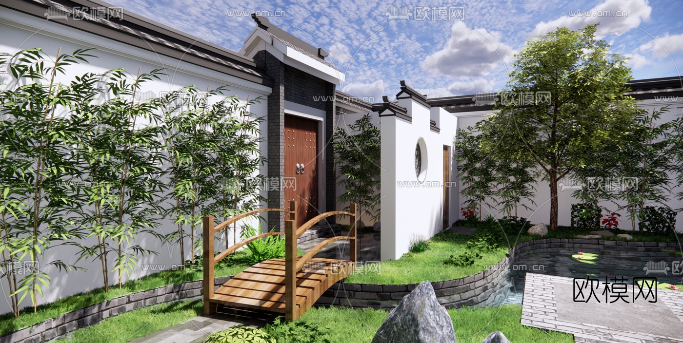 新中式庭院景观su模型下载（渲染图2）
