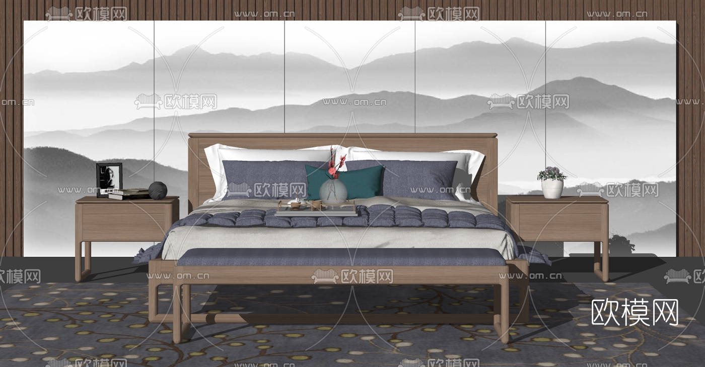 新中式卧室双人床su模型下载