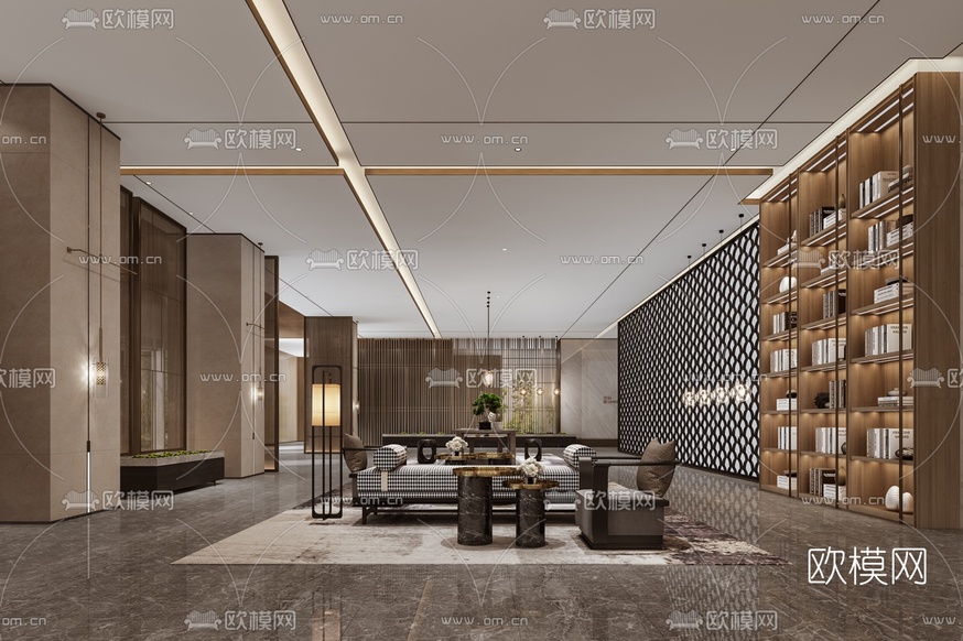 新中式会所休息区3d模型下载