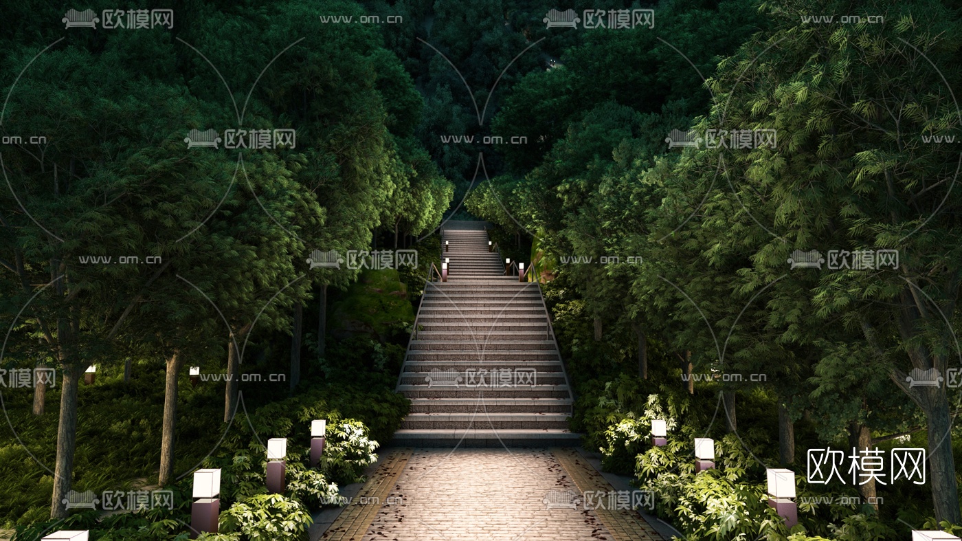 现代公园台阶夜景3d模型下载
