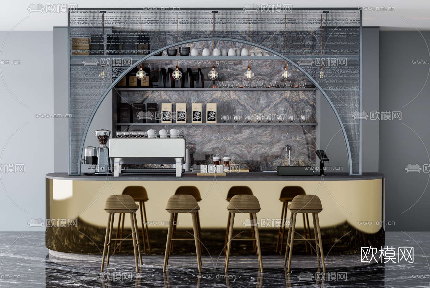 工业风咖啡厅前台水吧su模型下载