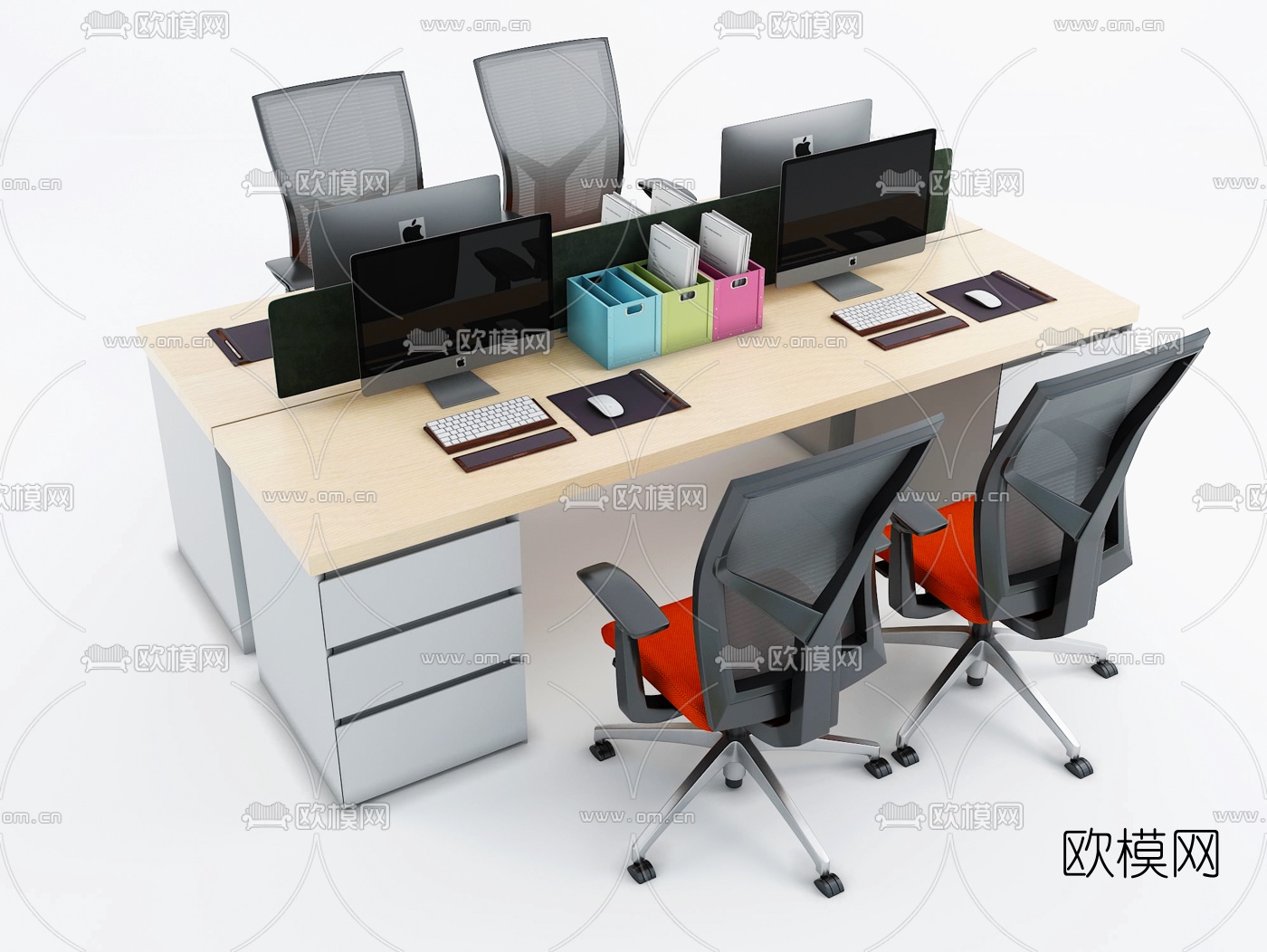 现代办公桌椅卡位su模型下载（渲染图1）