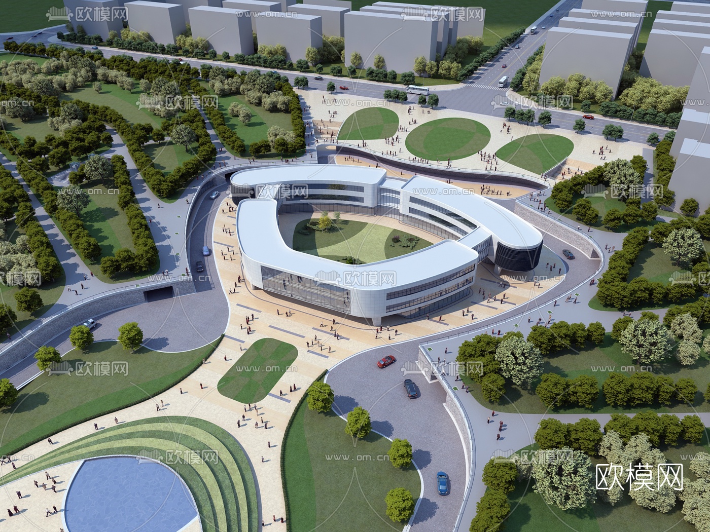 现代展厅馆鸟瞰3d模型下载（渲染图1）