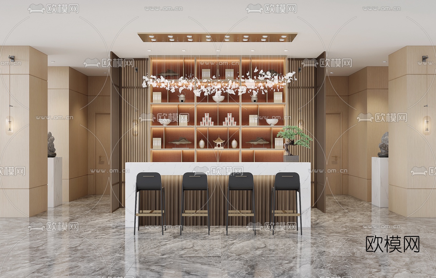 新中式水吧台su模型下载（渲染图1）