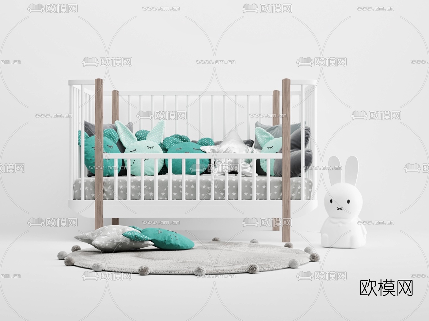 现代儿童床婴儿床3d模型下载（渲染图2）