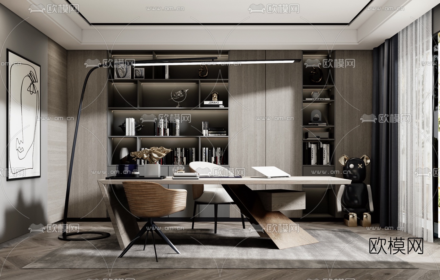 现代书房su模型下载（渲染图1）